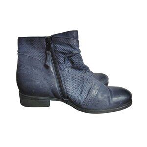 Miz Mooz Blue Leather Sallie Ankle Boots, Shoes, 39 Wide, 8.5-9 Side Zip Ruching